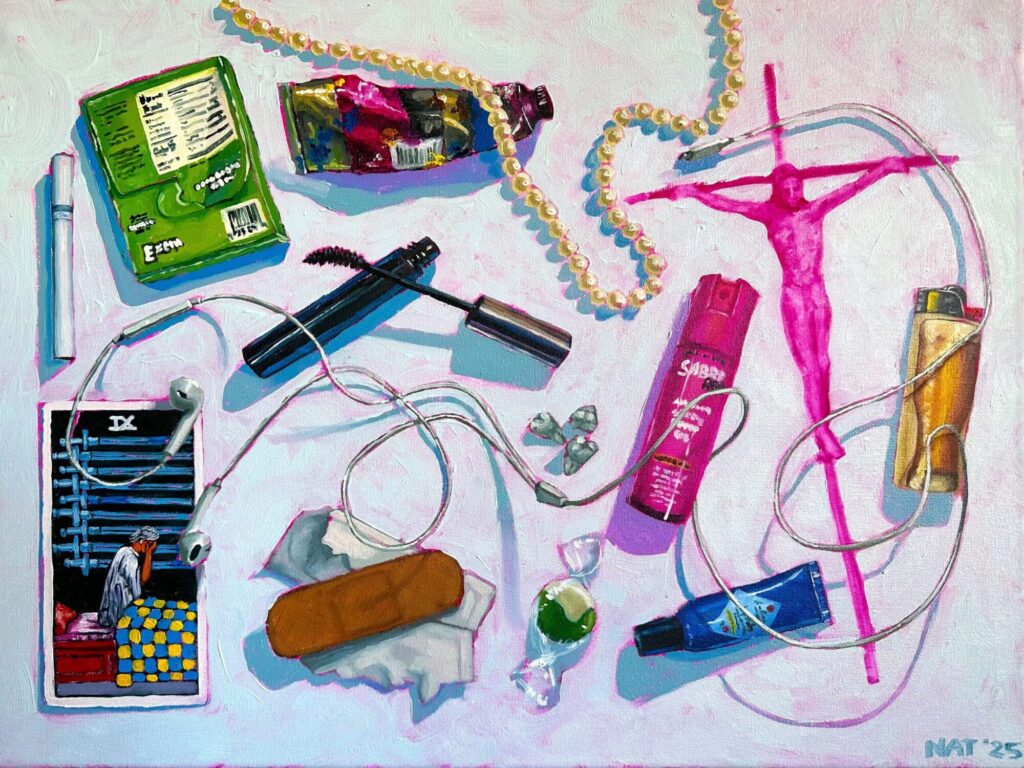 whats in yr bag - a 18x24in oil painting by nat belacse-welch. the painting depicts a selection of mundane objects in a painterly style with vibrant colors, including a tarot card, a string of pearls, teeth, and pepper spray. a portion of the underpainting remains exposed, revealing the contours of a crucifix.