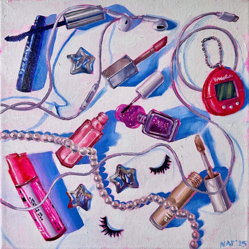 pretty - a 15x15in oil painting by nat belacse-welch. an array of girly objects familiar to grown ups who were once early 2000's girls. wired headphones, temu hairclips, outdated tech, and some pepper spray are rendered with careful brushstrokes and a painterly style.