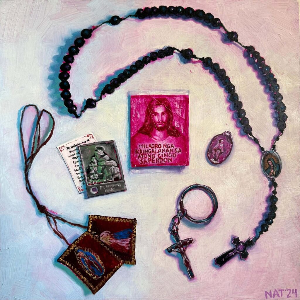 religious objects - a 15x15in oil painting by nat belacse-welch. a tribute to the religious reverence unique to filipino catholics. a rosary, an alleged second-class relic, and mass produced religious iconography sit against a cotton candy colored background. in the middle a portion of the underpainting remains unpainted, revealing an exceptionally detailed prayer book.