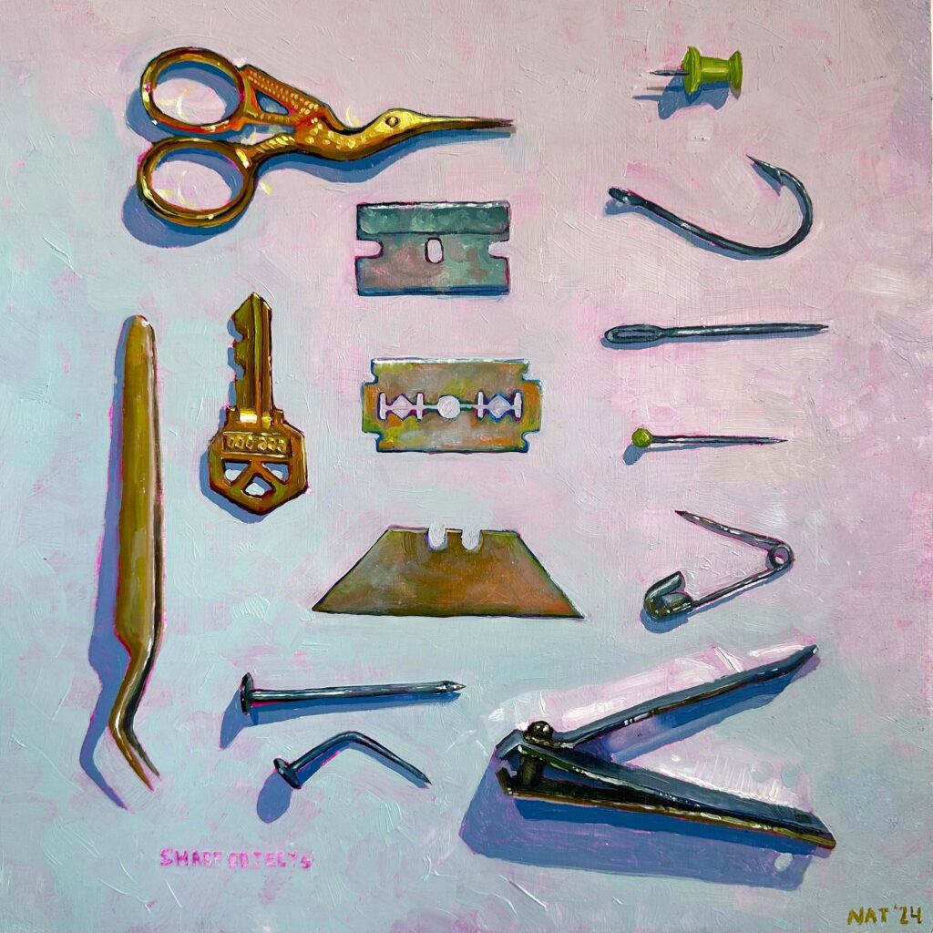 sharp objects - a 15x15in oil painting by nat belacse-welch. a collection of sharp and shiny objects with a somewhat aggressive aura. scissors, razors, a fish hook, a key, and a pair of nail clippers gleam and sit menacingly against a pale background.