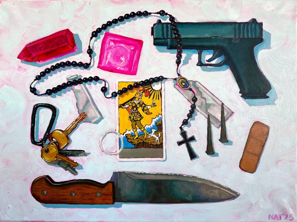 what protects you - a 24x18in oil painting by nat belacse-welch. this oil painting is completed in a painterly style and has a slightly threatening aura. depicted is an array of protective objects, ranging from the mundane (a band aid), to the spiritual (a rosary), to the violent (a gun). a portion of the underpainting is left untouched, revealing what is obviously a condom.