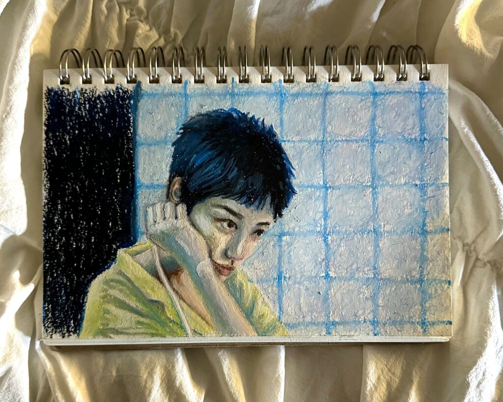 oil pastel on paper depicting a scene from chungking express