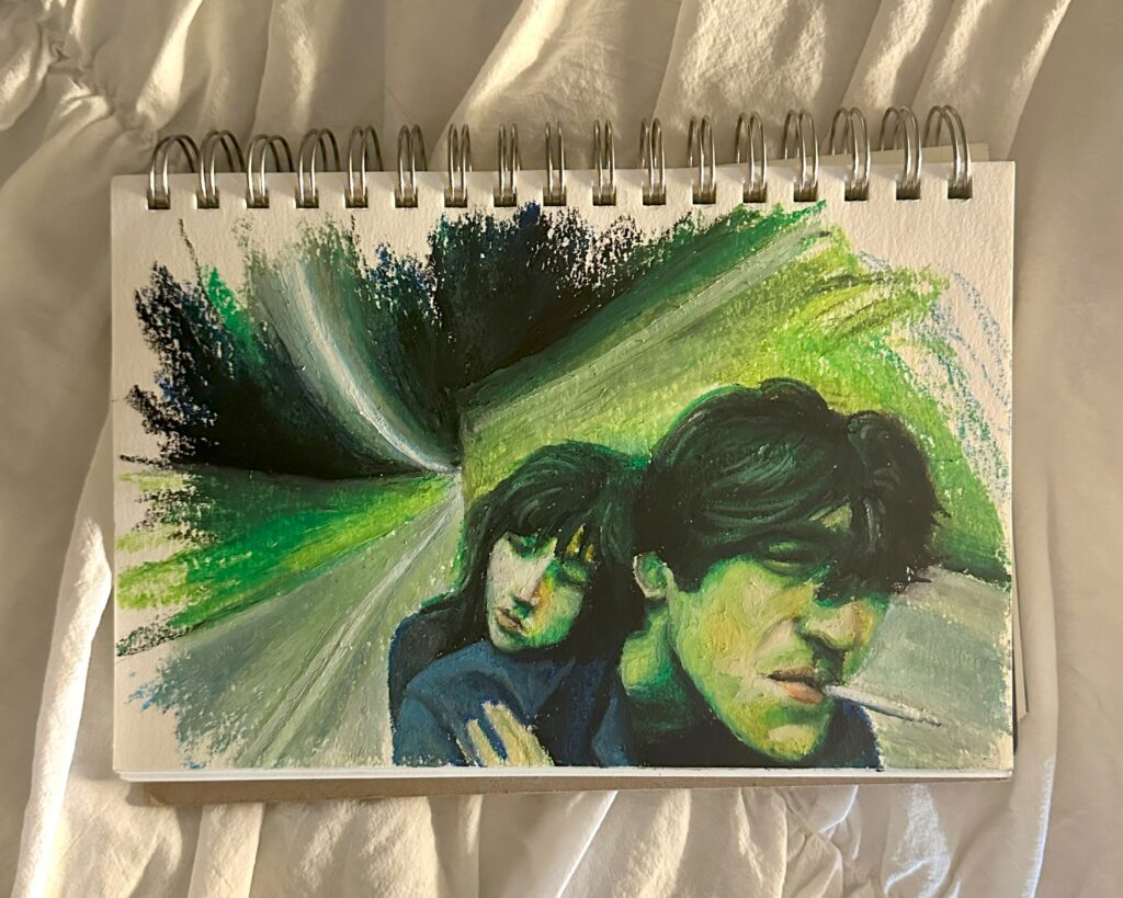 oil pastel on paper depicting a scene from fallen angels