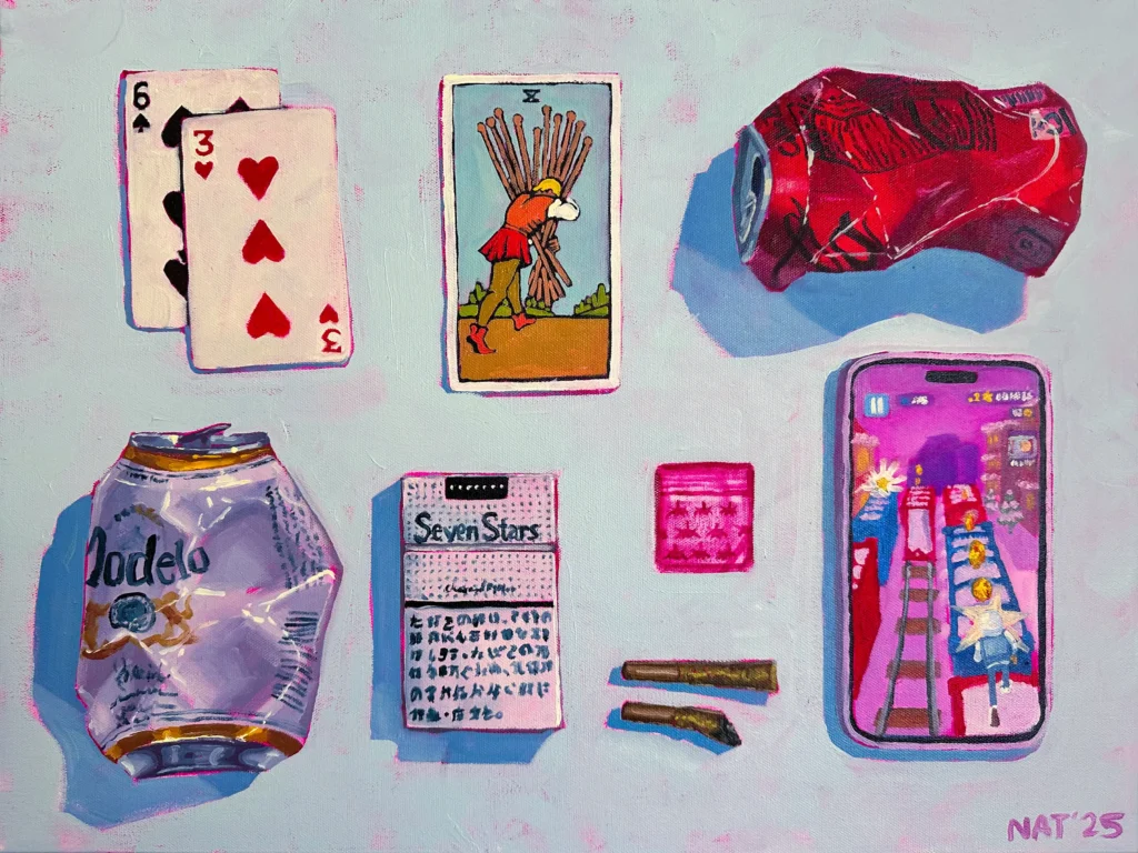 all things in moderation, a 18 x 24 inch oil on canvas fine art oil painting by nat belacse-welch also known as nataly welch. This painting depicts a variety of everyday objects, crushed cans of beer and soda, a pack of foreign cigarettes, a couple of joints, some playing cards, a tarot pull, a mysterious baggie, and a microtransaction fueled mobile game. slay.