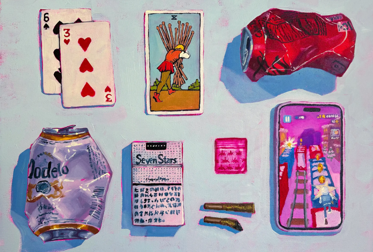 all things in moderation, a 18 x 24 inch oil on canvas fine art oil painting by nat belacse-welch also known as nataly welch. This painting depicts a variety of everyday objects, crushed cans of beer and soda, a pack of foreign cigarettes, a couple of joints, some playing cards, a tarot pull, a mysterious baggie, and a microtransaction fueled mobile game. slay.