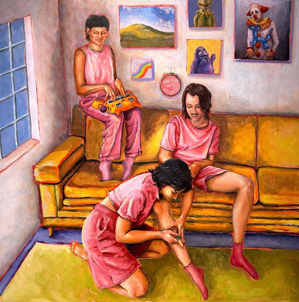 oil on panel. and they were roommates by nat belacse welch, also known as nataly welch. exhibited in radical joy at finch lane gallery, queer spectra, and fice gallery. currently held in a private collection.