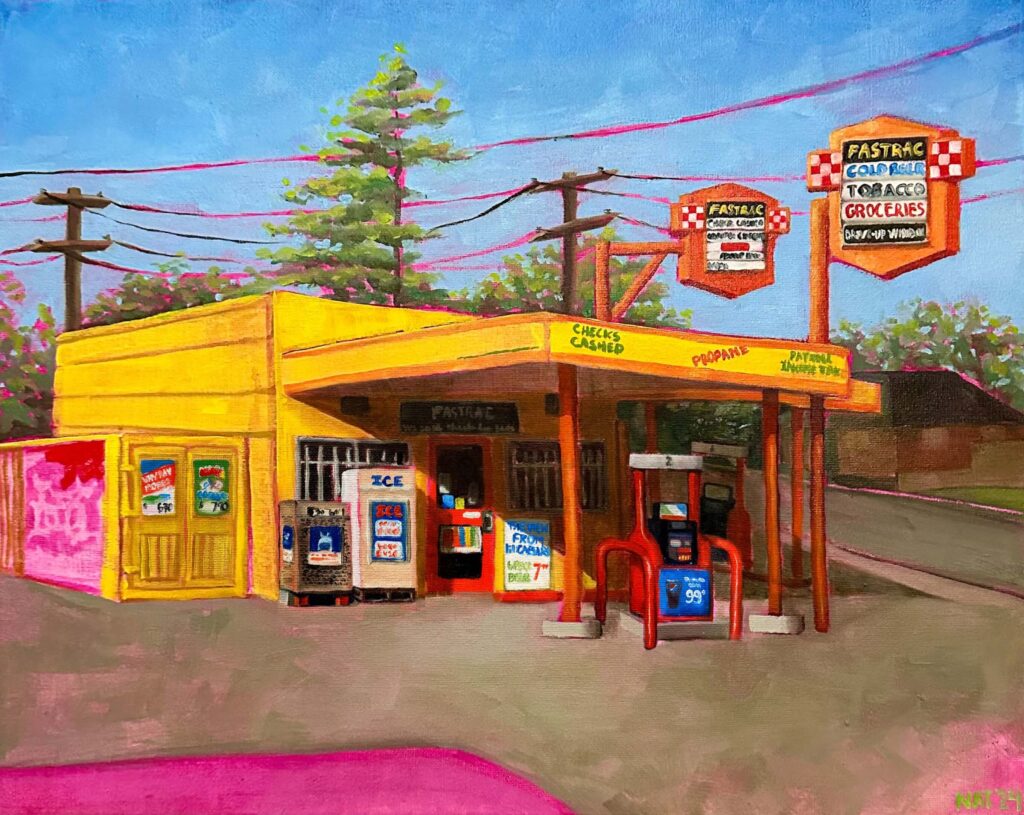 the view from lil caesars on 8th and 9th by nat belacse welch. exhibited at mestizo gallery, currently held in a private collection.
